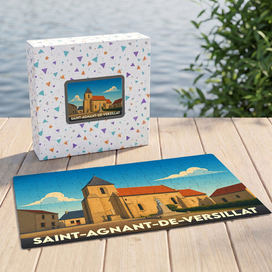 Puzzle souvenir de la ville de Saint-Agnant-de-Versillat avec une illustration stylisée de son église.