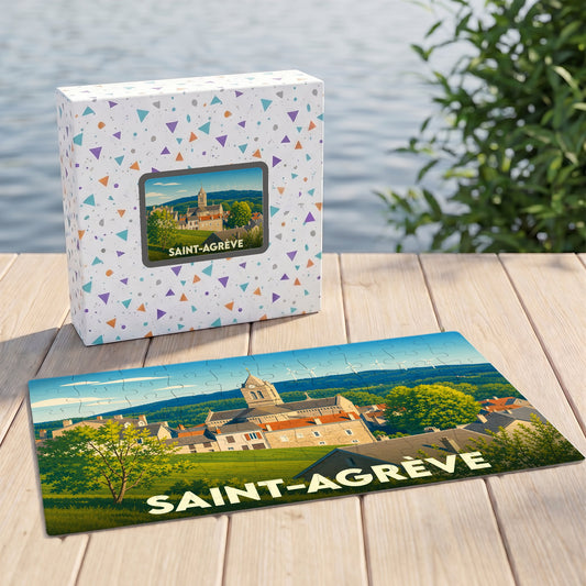 Puzzle souvenir de la ville de Saint-Agrève représentant son église et ses paysages environnants dans un style illustré.