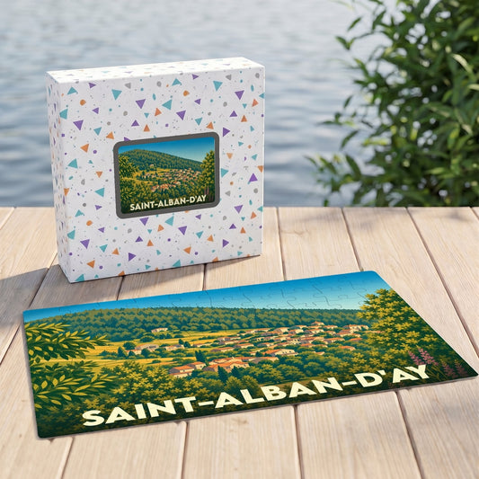 Puzzle souvenir de la ville de Saint-Alban-d'Ay avec une illustration de paysage champêtre.