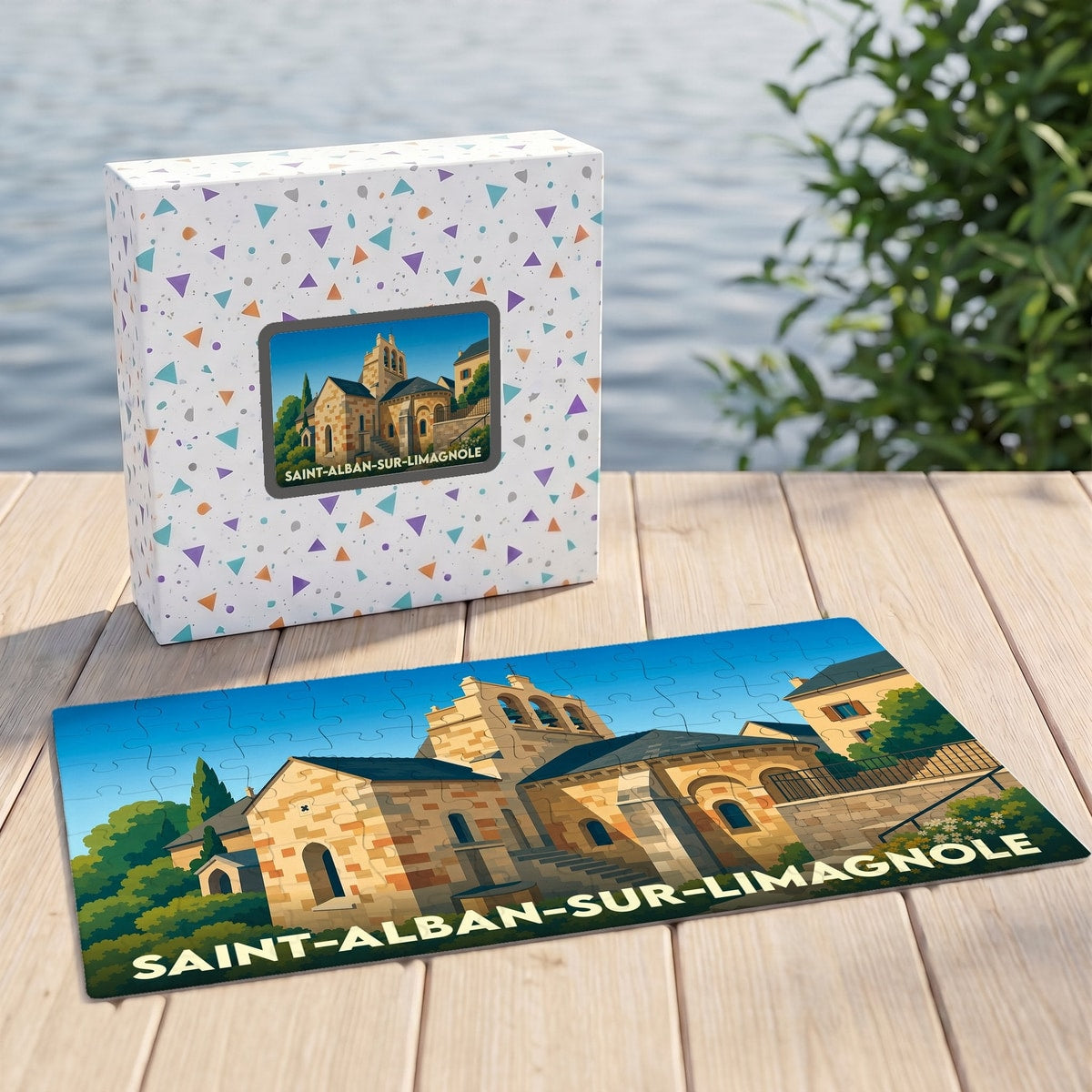 Puzzle souvenir de la ville de Saint-Alban-sur-Limagnole avec son illustration stylisée et sa boîte assortie.
