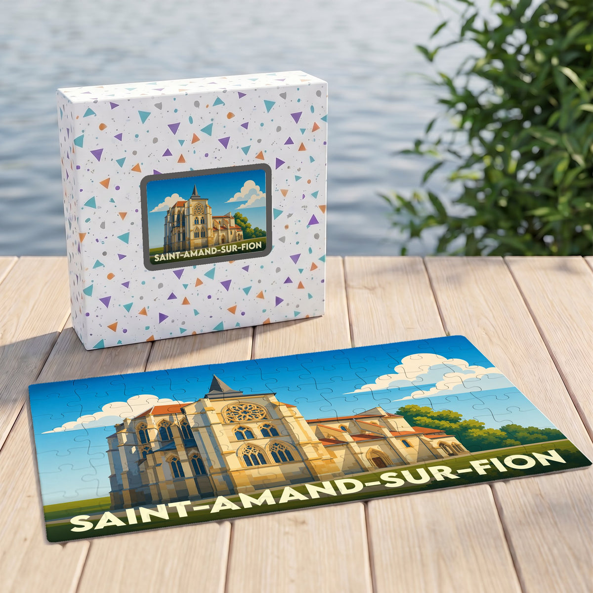 Puzzle souvenir de la commune de Saint-Amand-sur-Fion avec une illustration stylisée de son église et sa boîte assortie.