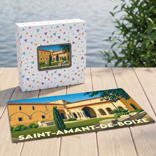 Puzzle souvenir de la ville de Saint-Amant-de-Boixe avec une illustration stylisée de son abbaye.