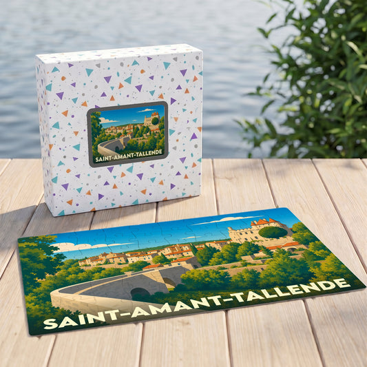 Puzzle souvenir de la ville de Saint-Amant-Tallende avec une illustration stylisée de son pont et de son château.