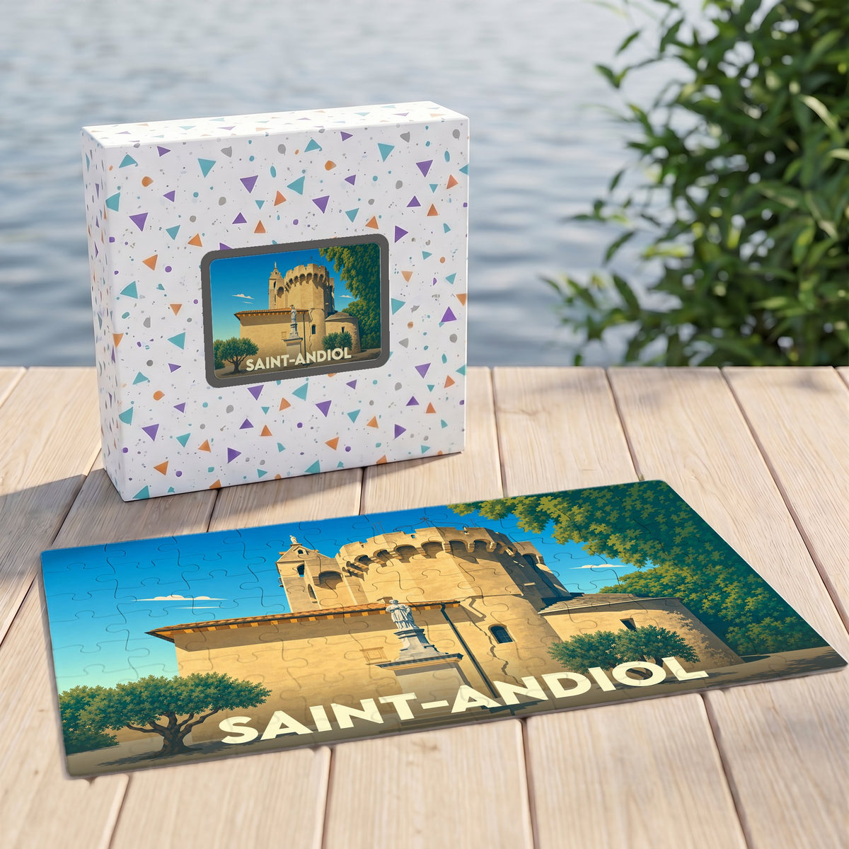 Puzzle souvenir de la ville de Saint-Andiol avec une illustration stylisée d'un bâtiment historique.
