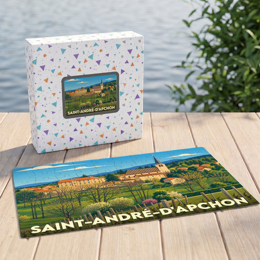 Puzzle souvenir de la ville de Saint-André-d'Apchon avec une illustration de son paysage urbain et de son église.