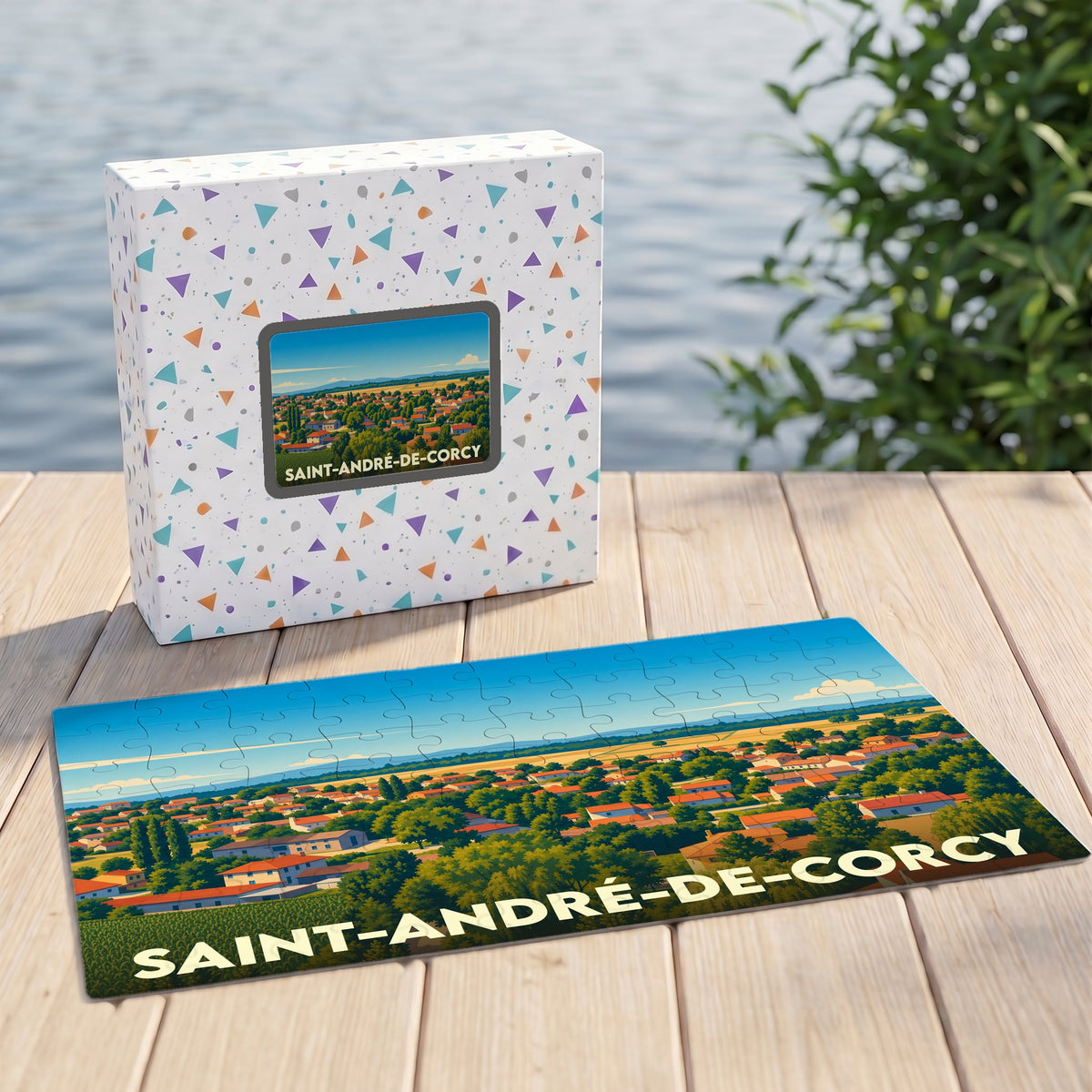 Puzzle souvenir de la ville de Saint-André-de-Corcy avec une illustration panoramique stylisée.