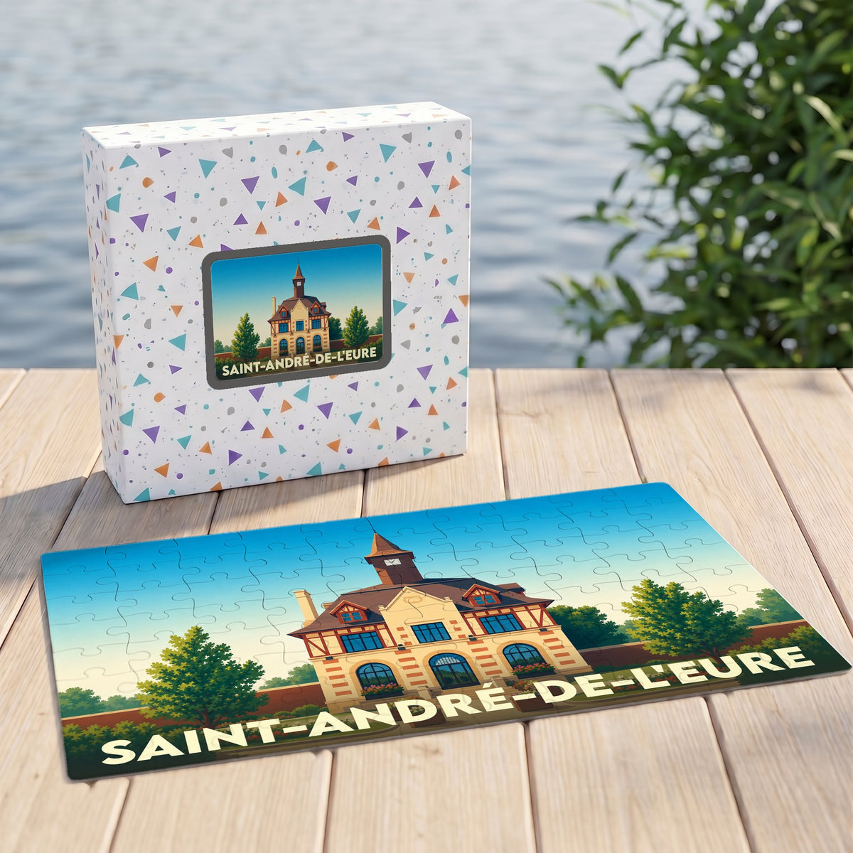 Puzzle souvenir de la ville de Saint-André-de-l'Eure avec une illustration stylisée de son architecture.