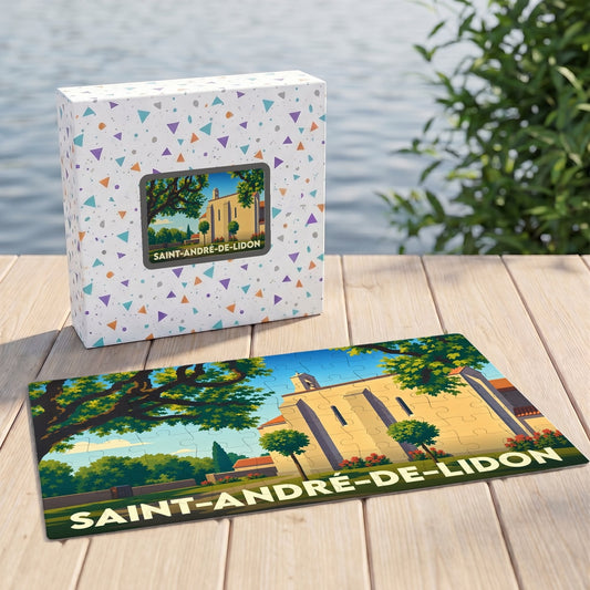 Puzzle souvenir de la ville de Saint-André-de-Lidon avec une illustration stylisée de son église.