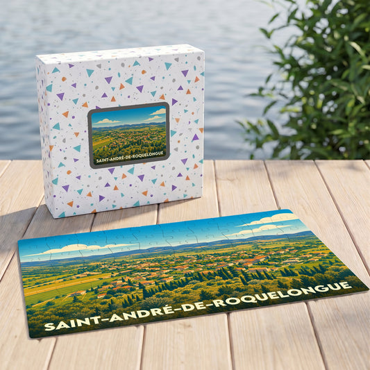 Puzzle souvenir de la ville de Saint-André-de-Roquelongue avec une illustration panoramique stylisée.