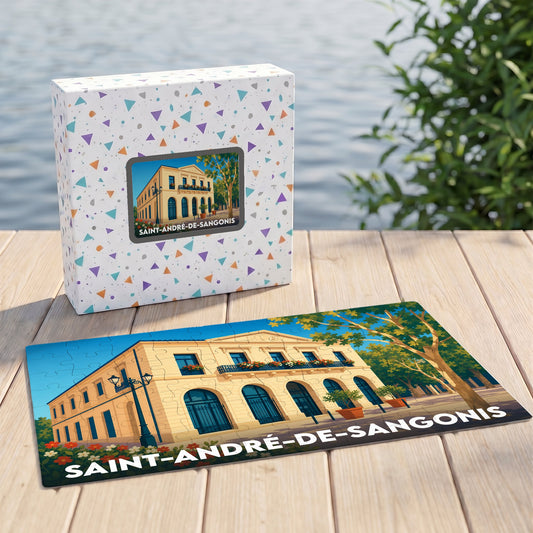 Puzzle souvenir de la ville de Saint-André-de-Sangonis avec une illustration stylisée de sa mairie.