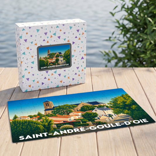 Puzzle souvenir de la ville de Saint-André-Goule-d'Oie avec une illustration stylisée.