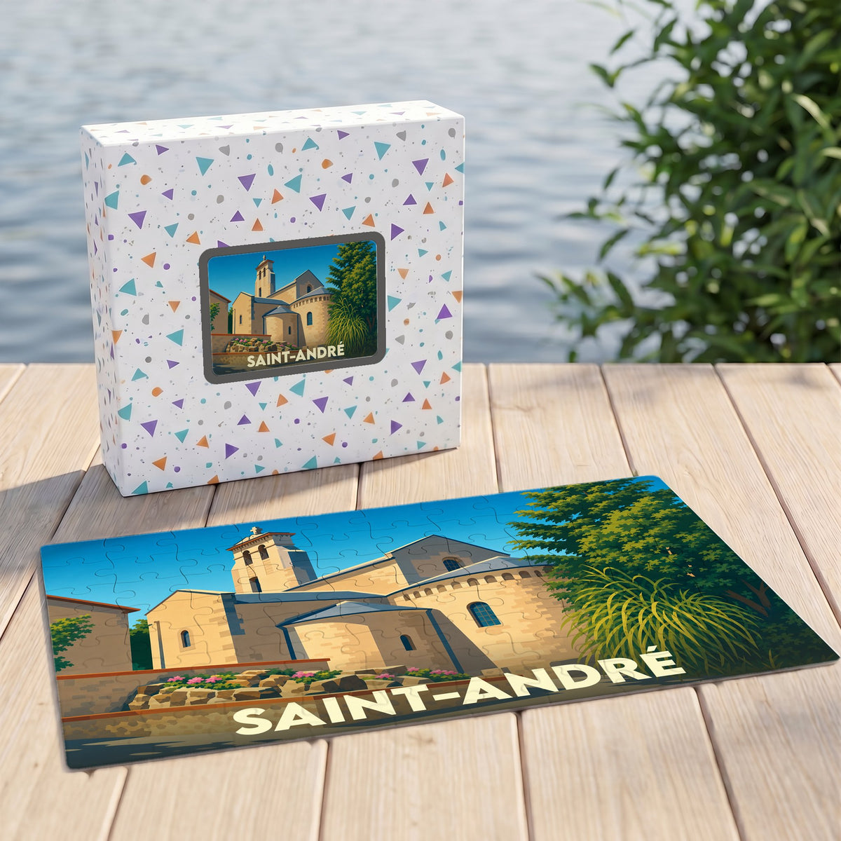 Puzzle souvenir de la ville de Saint-André avec une illustration stylisée de son église romane.