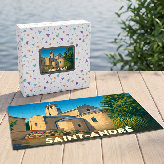 Puzzle souvenir de la ville de Saint-André avec une illustration stylisée de son église romane.