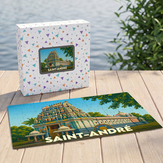 Puzzle souvenir de la ville de Saint-André illustré d'un temple tamoul coloré.