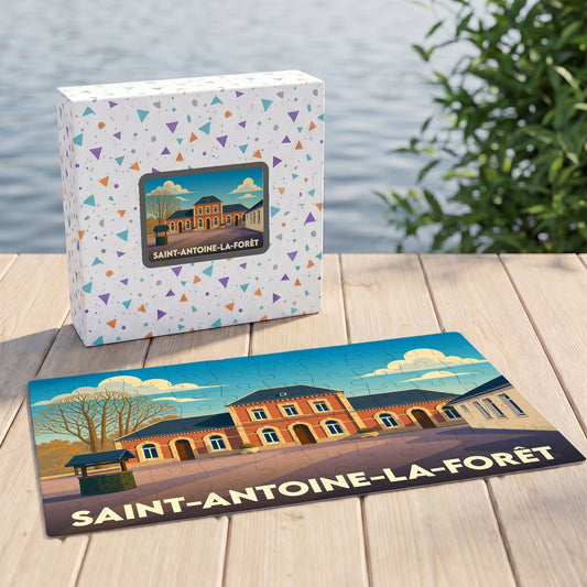 Puzzle souvenir de la ville de Saint-Antoine-la-Forêt avec une illustration stylisée.