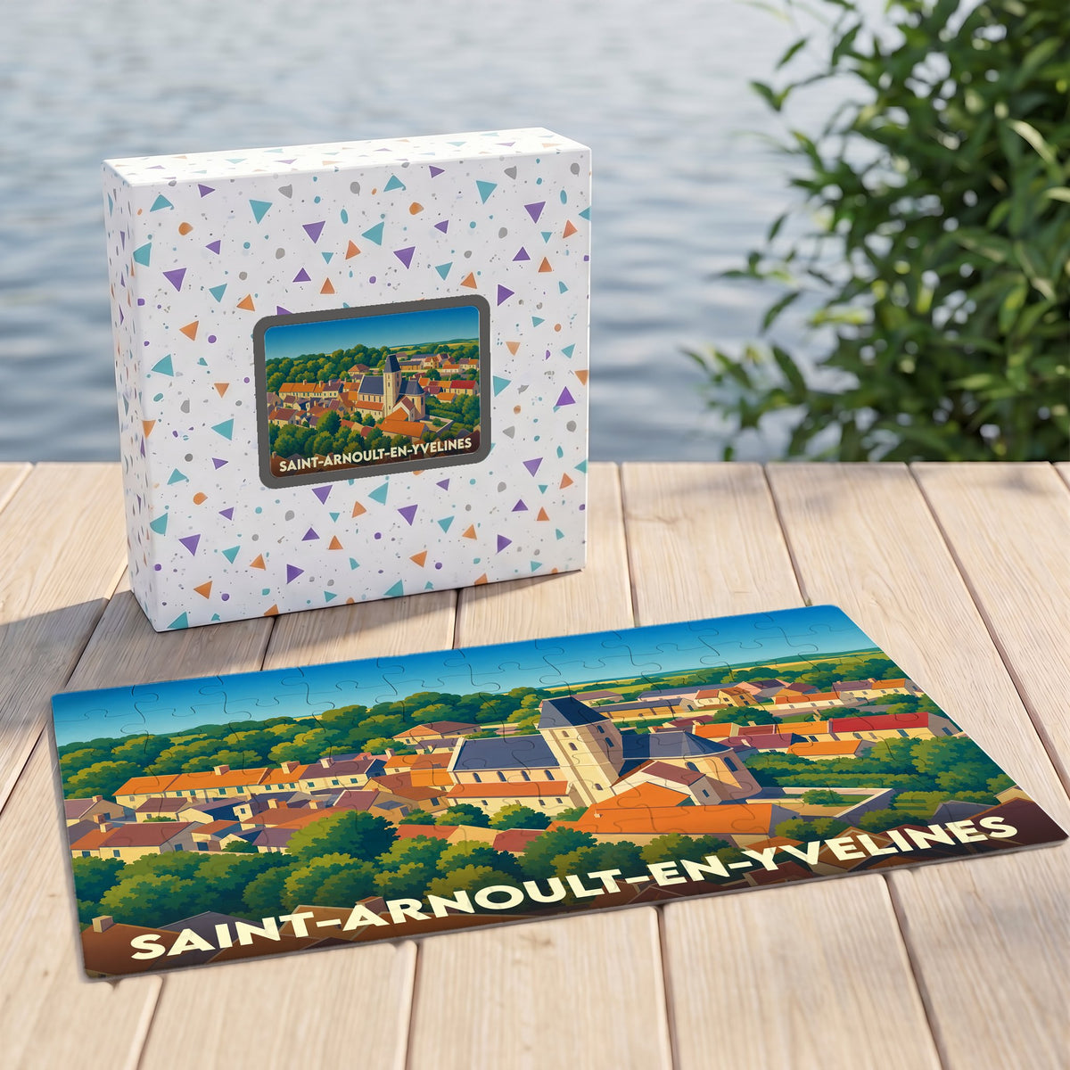 Puzzle souvenir de la ville de Saint-Arnoult-en-Yvelines avec une illustration panoramique stylisée.