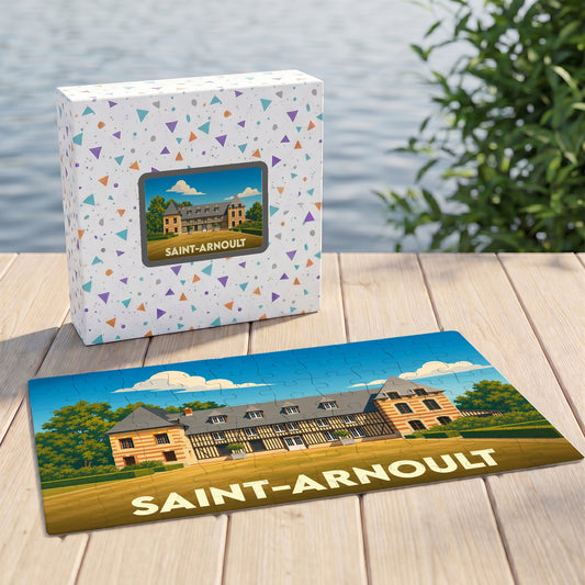 Puzzle souvenir de la ville de Saint-Arnoult avec une illustration stylisée d'un manoir normand.