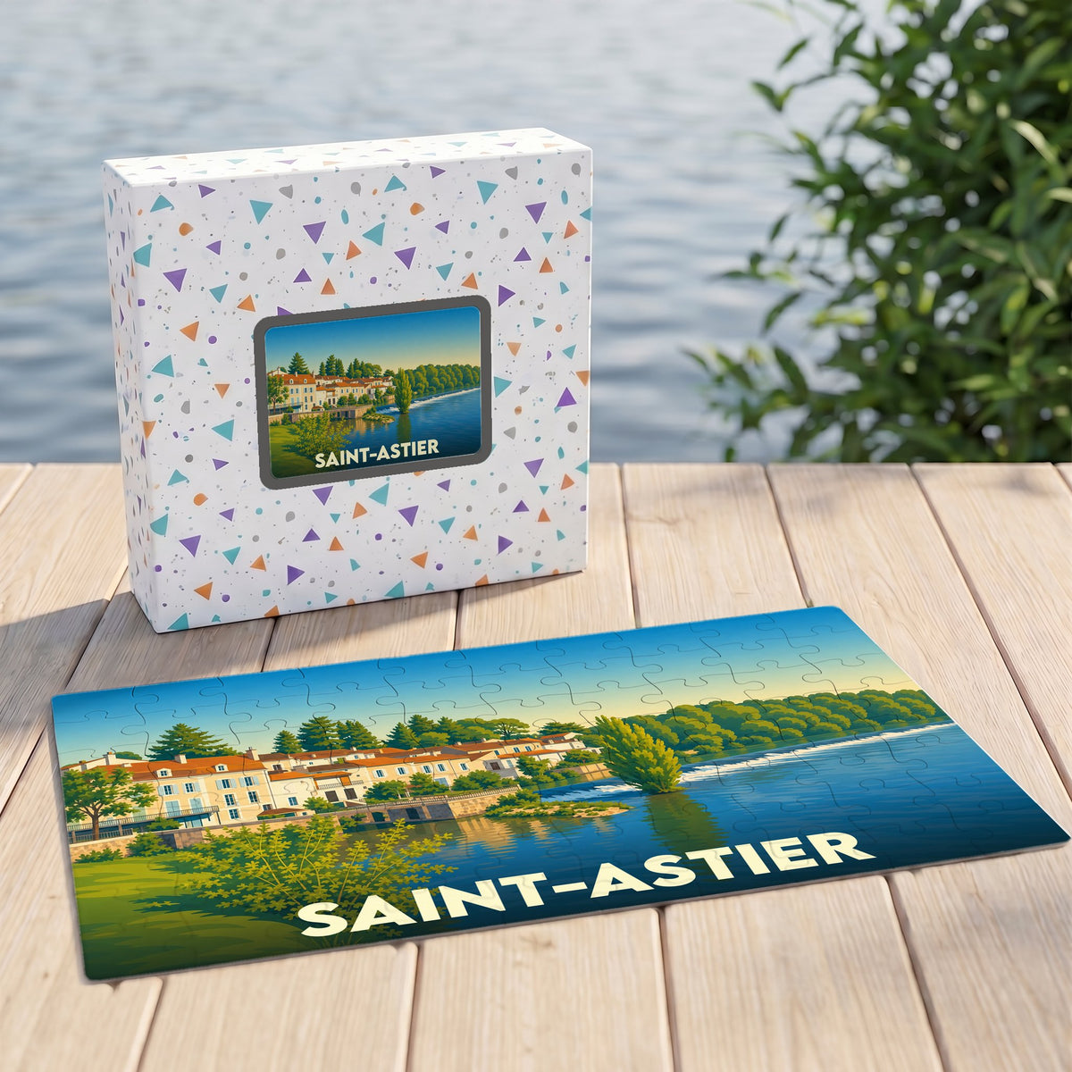 Puzzle souvenir de la ville de Saint-Astier avec une illustration stylisée des bords de l'Isle.
