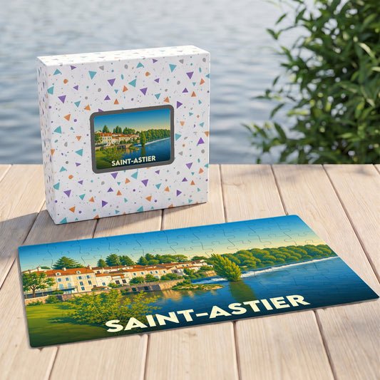 Puzzle souvenir de la ville de Saint-Astier avec une illustration stylisée des bords de l'Isle.