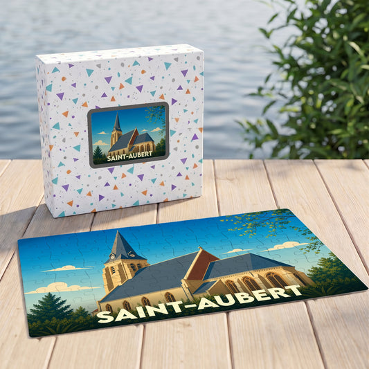 Puzzle souvenir de la ville de Saint-Aubert avec une illustration stylisée d'une église.
