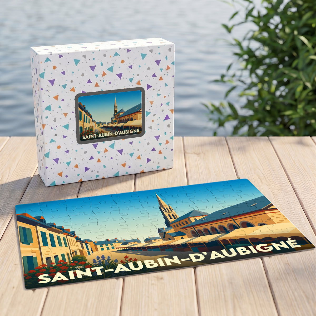 Puzzle souvenir de la ville de Saint-Aubin-d'Aubigné avec une illustration stylisée.