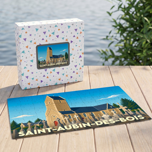 Puzzle souvenir de la ville de Saint-Aubin-des-Bois avec une illustration stylisée d'une église et son cimetière.