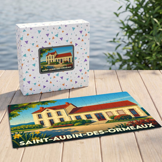 Puzzle souvenir de la ville de Saint-Aubin-des-Ormeaux avec une illustration stylisée d'un bâtiment traditionnel.