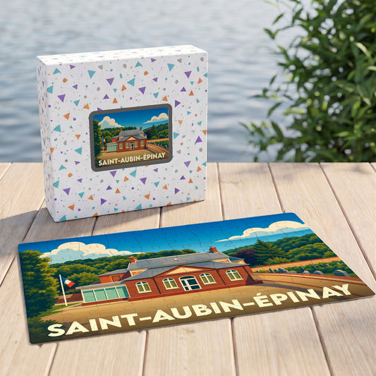 Puzzle souvenir de la ville de Saint-Aubin-Épinay avec une illustration stylisée.