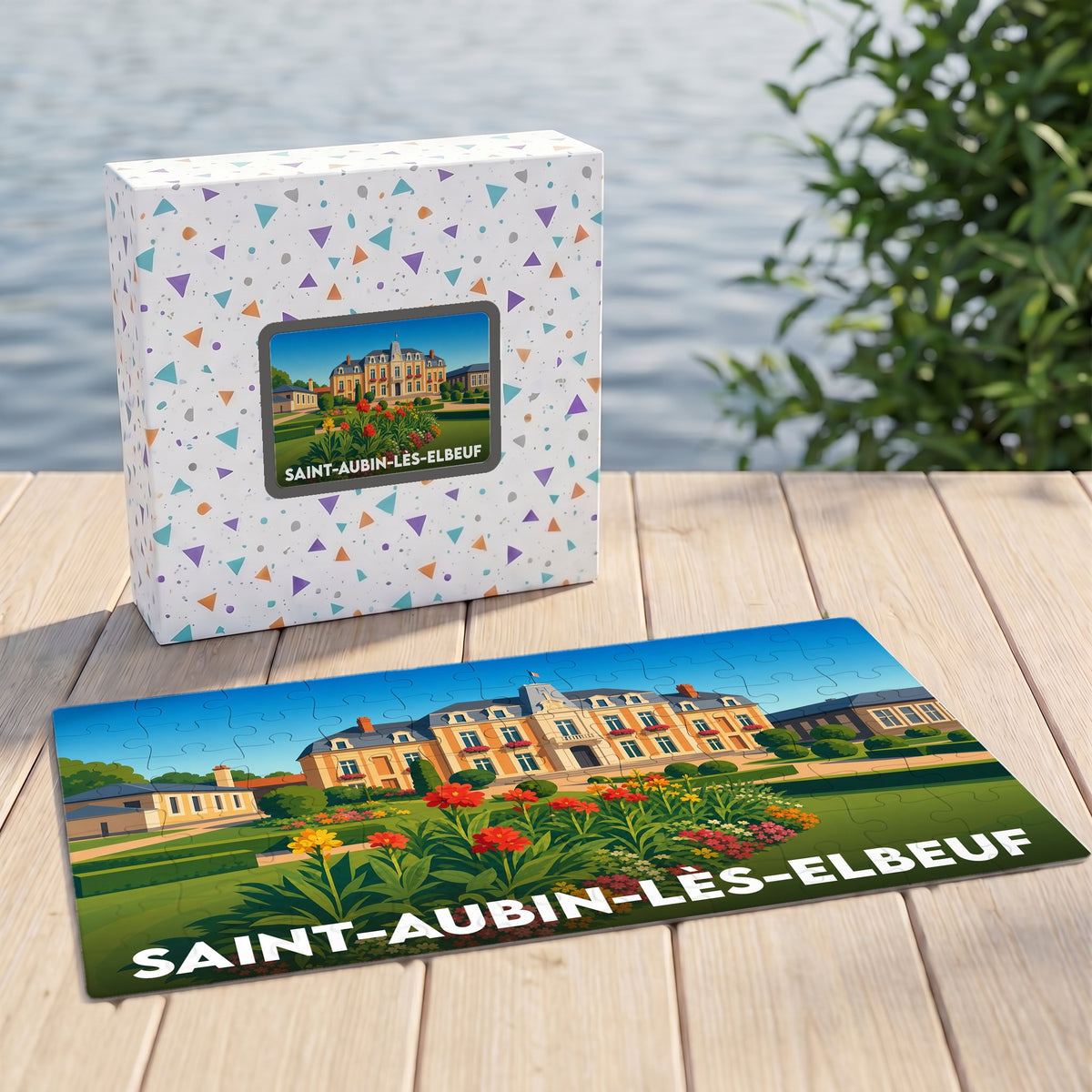 Puzzle souvenir de la ville de Saint-Aubin-lès-Elbeuf illustré par une vue colorée de son hôtel de ville fleuri.