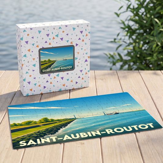 Puzzle souvenir de la ville de Saint-Aubin-Routot avec son boîtier, illustrant un paysage maritime stylisé.
