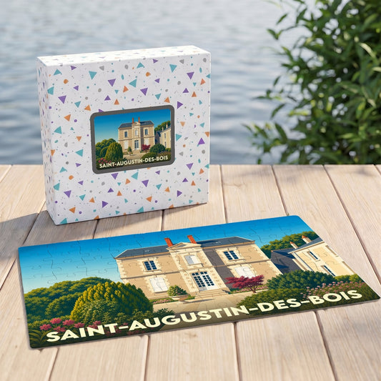 Puzzle souvenir de la ville de Saint-Augustin-des-Bois avec une illustration stylisée d'un domaine historique.