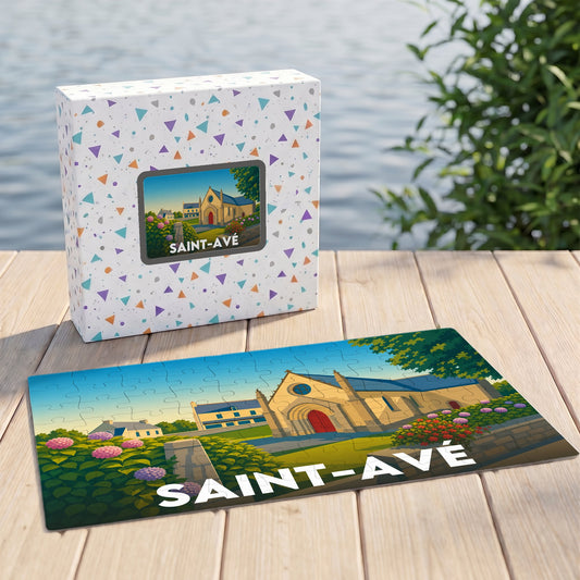 Puzzle souvenir de la ville de Saint-Avé présentant une illustration stylisée de son église et de ses paysages fleuris.