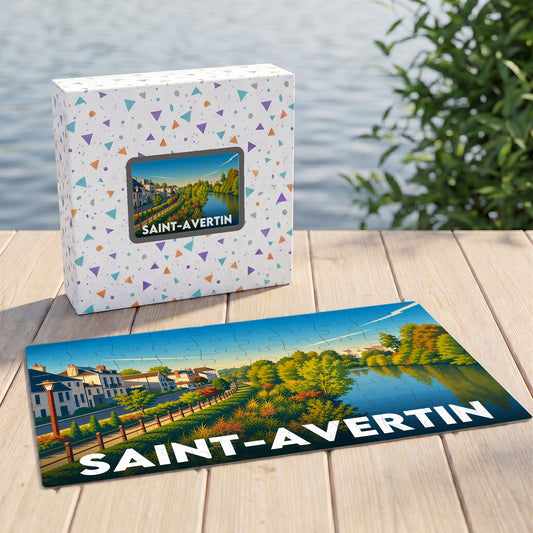 Puzzle souvenir de la ville de Saint-Avertin présentant une illustration stylisée d'un paysage de bord d'eau.