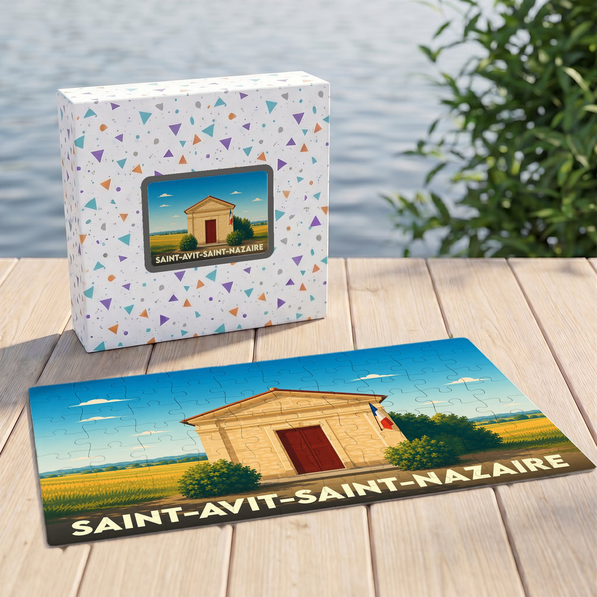 Puzzle souvenir de la ville de Saint-Avit-Saint-Nazaire avec une illustration stylisée de son patrimoine.