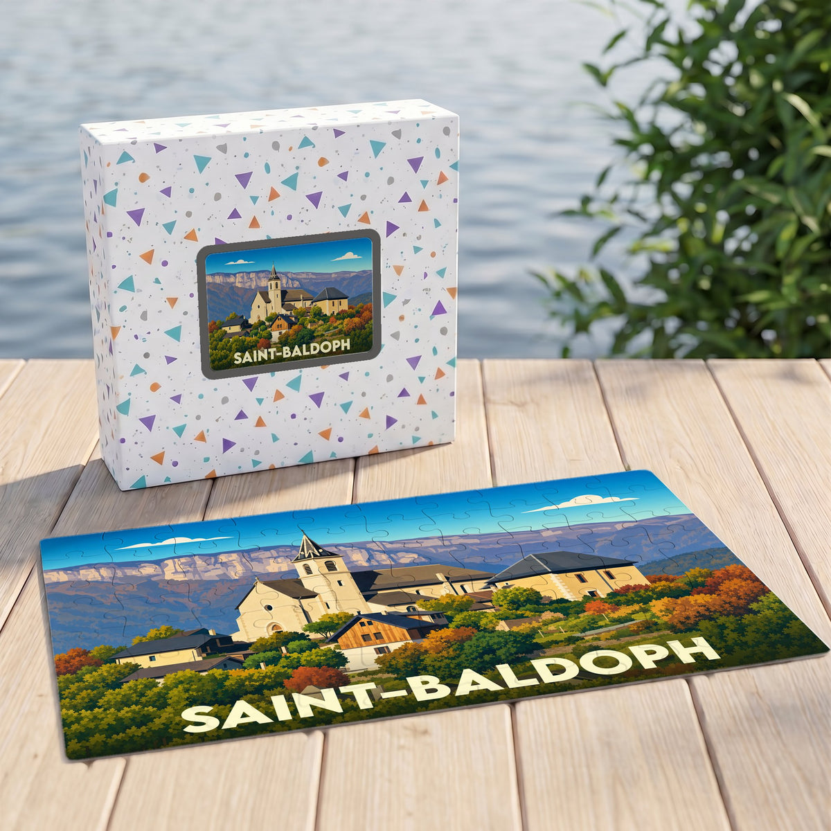 Puzzle souvenir de la ville de Saint-Baldoph avec une illustration stylisée.
