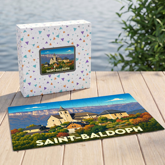 Puzzle souvenir de la ville de Saint-Baldoph avec une illustration stylisée.