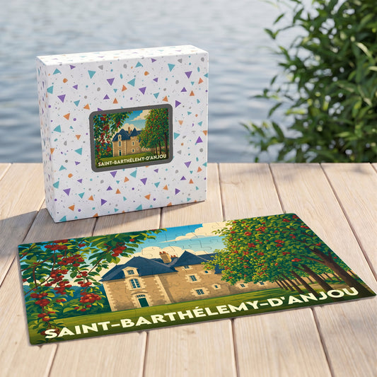 Puzzle souvenir de Saint-Barthélemy-d'Anjou illustrant un manoir entouré de cerisiers.