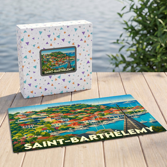 Puzzle souvenir de la ville de Saint-Barthélemy avec une illustration stylisée et colorée de son port.