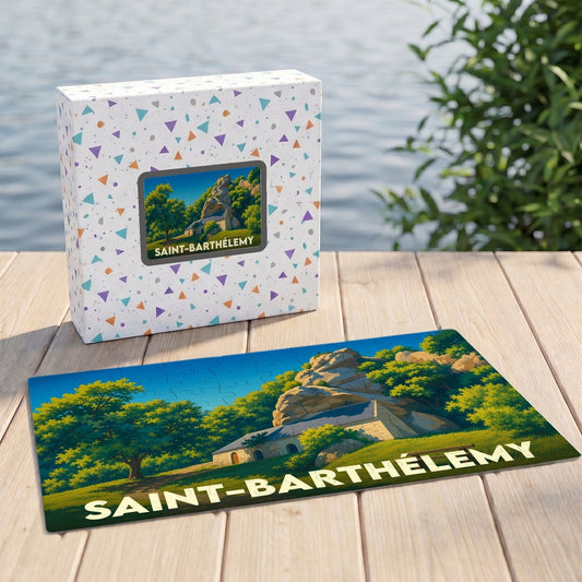 Puzzle souvenir de la ville de Saint-Barthélemy avec une illustration stylisée et colorée.