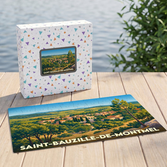 Puzzle souvenir de la ville de Saint-Bauzille-de-Montmel avec une illustration stylisée d'un paysage provençal.