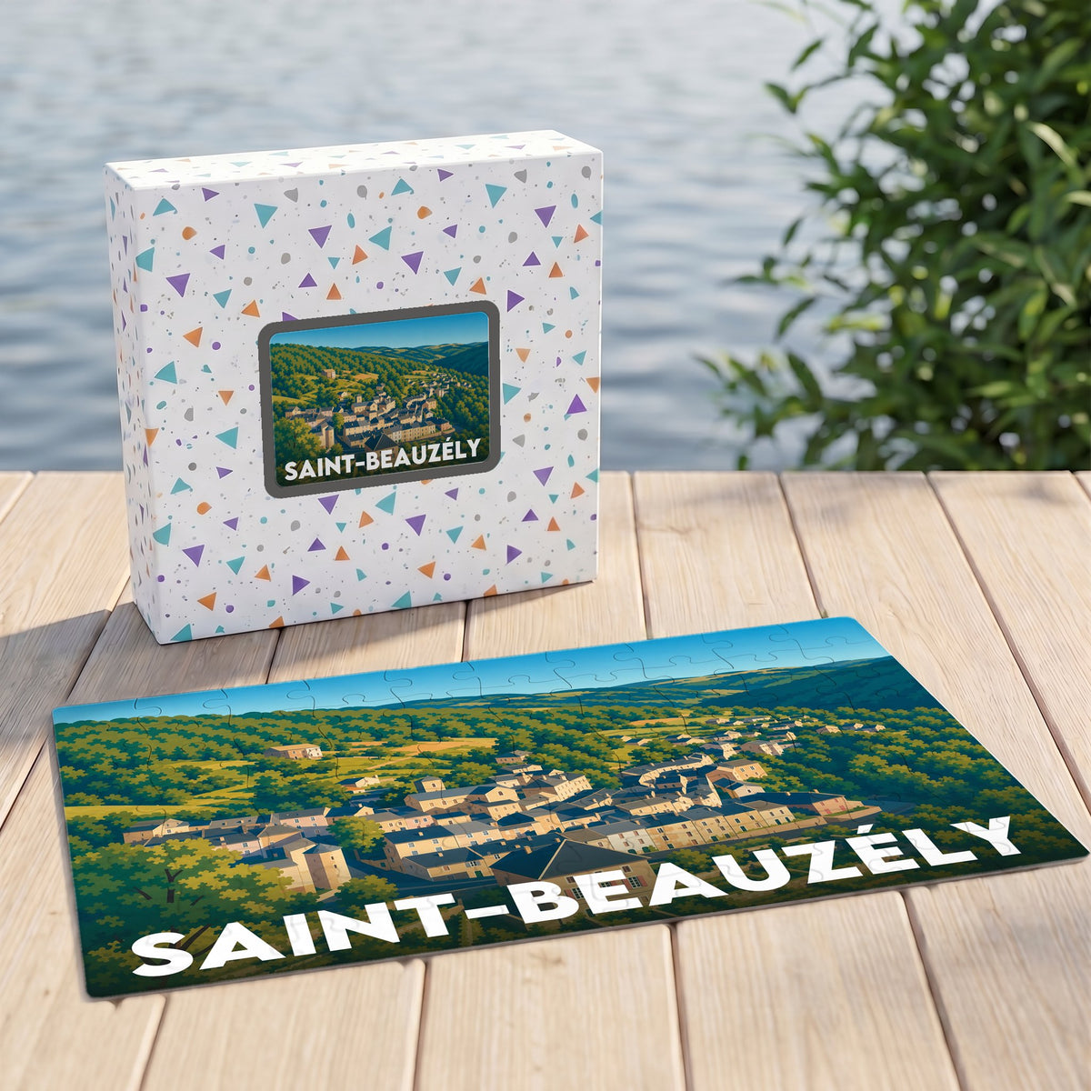 Puzzle souvenir de la ville de Saint-Beauzély avec une illustration panoramique stylisée.