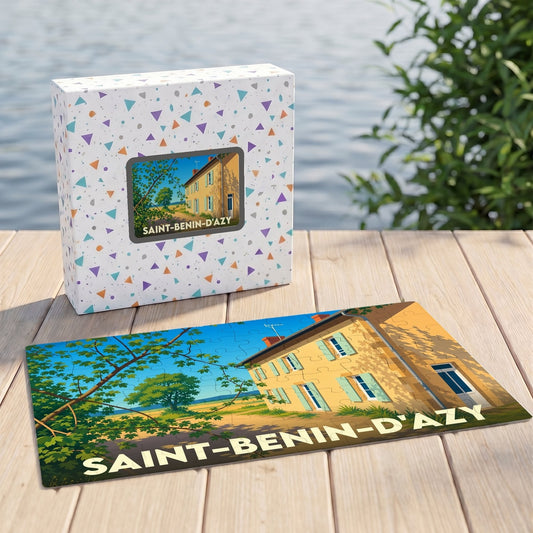 Puzzle souvenir de la ville de Saint-Benin-d'Azy avec une illustration stylisée de sa campagne ensoleillée.