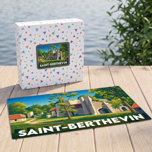 Puzzle souvenir de la ville de Saint-Berthevin avec une illustration stylisée d'un bâtiment historique entouré de verdure.