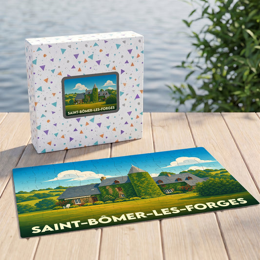 Puzzle souvenir de la ville de Saint-Bômer-les-Forges avec une illustration stylisée de son paysage champêtre.