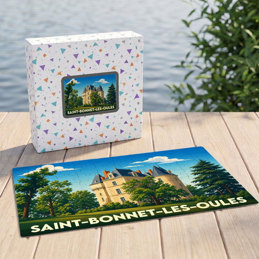 Puzzle souvenir de la ville de Saint-Bonnet-les-Oules avec une illustration stylisée d'un château.