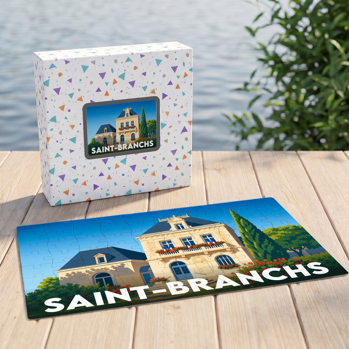 Puzzle souvenir de la ville de Saint-Branchs avec une illustration stylisée d'un bâtiment remarquable.