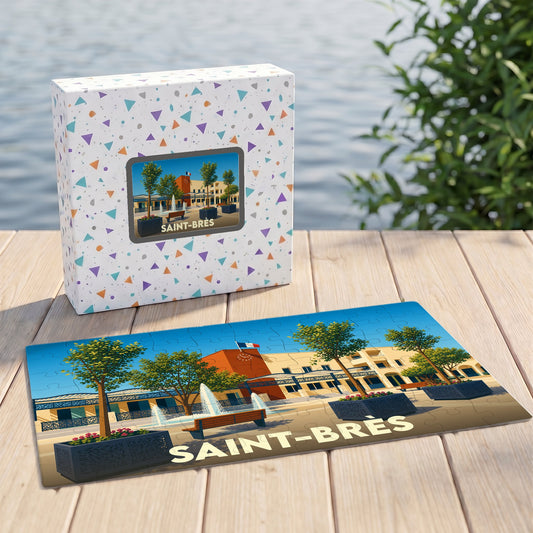 Puzzle souvenir de la ville de Saint-Brès avec son illustration colorée et sa boîte assortie.