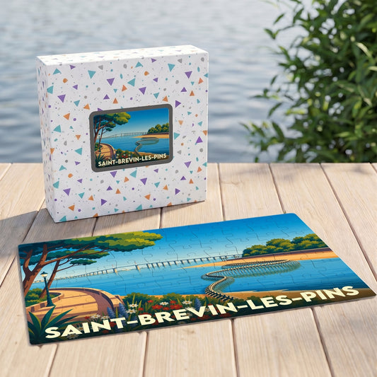 Puzzle souvenir de la ville de Saint-Brevin-les-Pins illustrant le Serpent d'Océan et le pont de Saint-Nazaire.