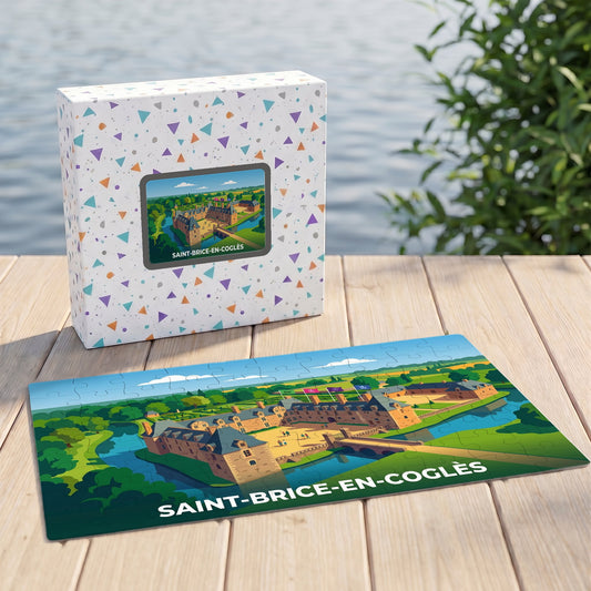 Puzzle souvenir de la ville de Saint-Brice-en-Coglès avec une illustration stylisée de son château.