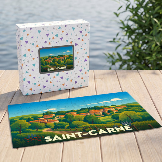 Puzzle souvenir de la commune de Saint-Carné illustré d'un paysage de campagne coloré.
